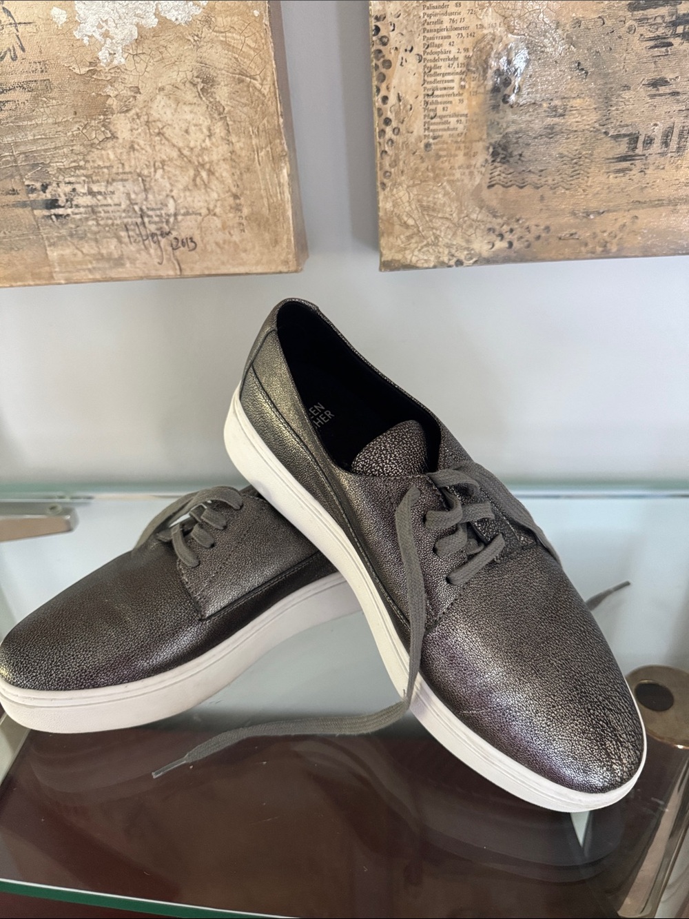 Eileen Fisher Metallic Pewter Lace-Up Sneakers 9.5